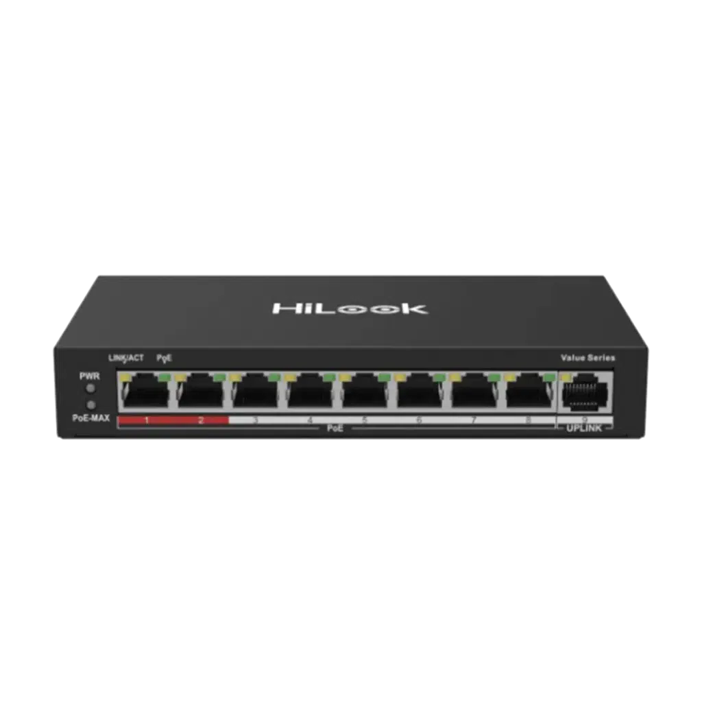 HILOOK NS-0109P-60(B), 8 Port, Megabit, PoE 60W, 1 Port Megabit Uplink, Long Range 250Metre, Yönetilemez, Masaüstü Switch