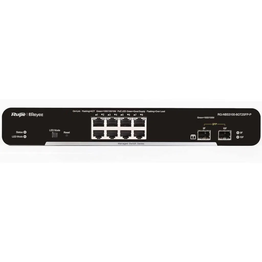 RUIJIE REYEE RG-NBS3100-8GT2SFP-P-V2, 8 Port, GigaBit, 8Port PoE, 125W, 2Port SFP, L2 Yönetilebilir, Metal Kasa, Masaüstü, Switch