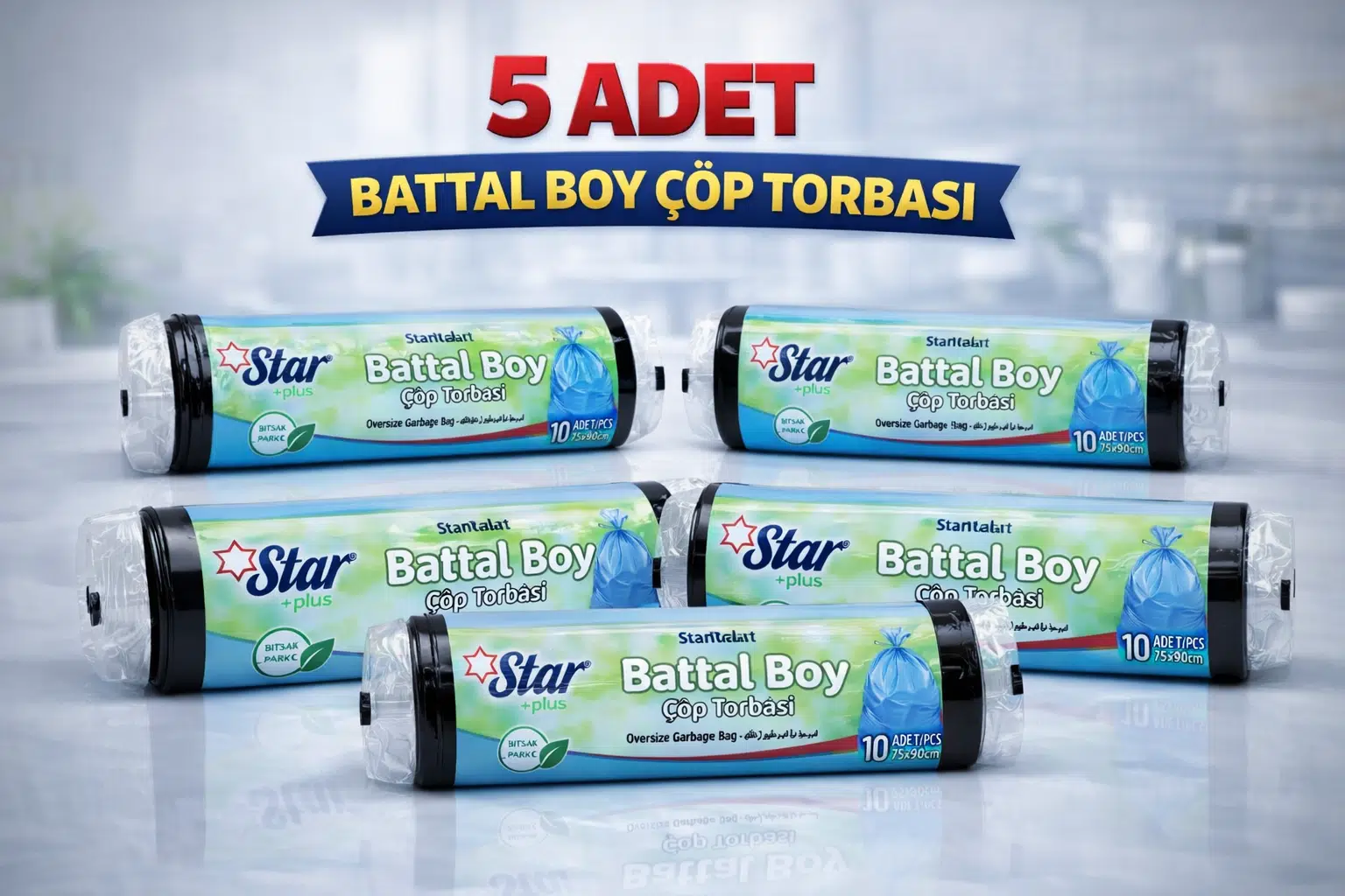 Star Plus Standart Battal Boy Atık Poşeti 75x90 cm 10lu Dayanıklı Büyük Boy Atık Torbası 5 Adet